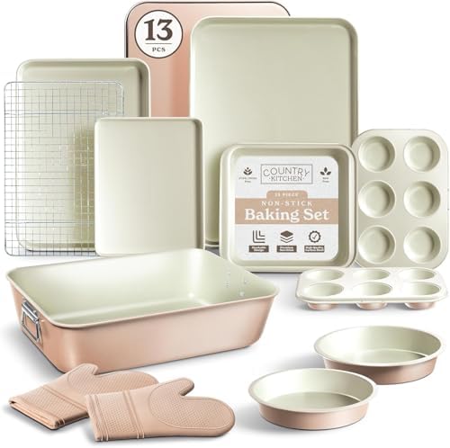 Country Kitchen Nonstick Stackable Bakeware Set - Deluxe Heavy Duty, Durable, Easy Release Baking Set, Taupe, 13 Pcs with Handles - Image 7