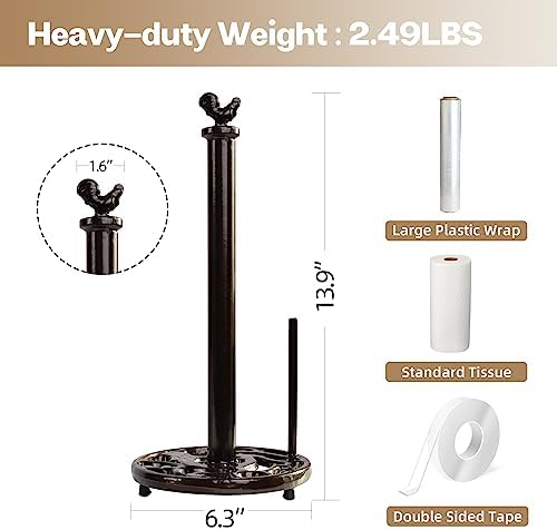 Cast Iron Rooster Paper Towel Holder for Kitchen Countertop - Vintage Coffee Gold Farmhouse Decor, Heavy Weighted Base Standing Dispenser for Easy One-Handed Tear, Fits Jumbo Rolls - Image 6