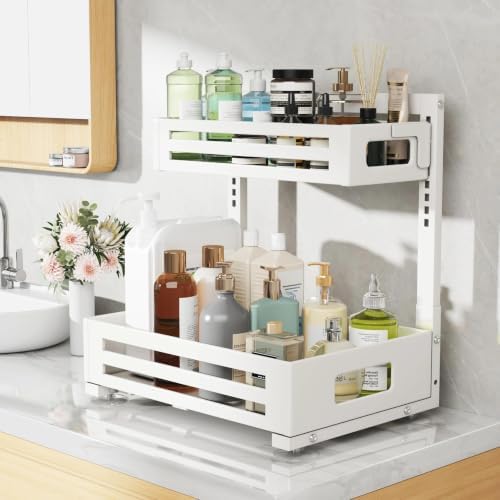 2 Pack Under Sink Organizer,Pull Out Cabinet Organizer With Smooth Cylindrical Rail,Metal Slide Out Drawer for Kitchen Bathroom Laundry Cabinet,8-Level Tool Free Height Adjustable-White - Image 7