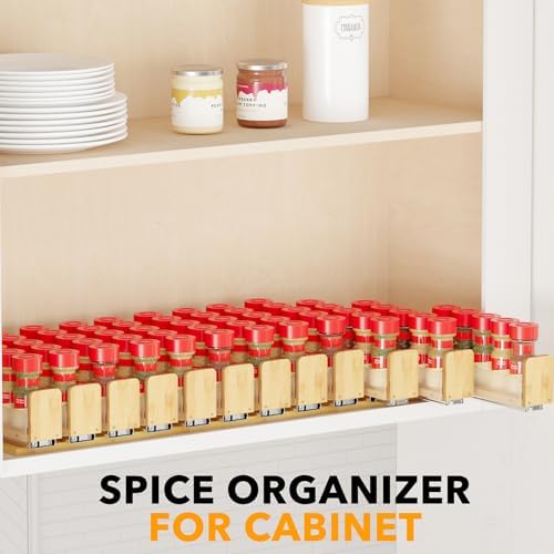 SpaceAid Bamboo Pull Out Spice Rack Organizer for Cabinet, Heavy Duty Slide Out Seasoning Kitchen Pantry Sliding Vertical Organization, 10.1" Wide, 4 Drawers(2" Wide), 1-Tier, Natural - Image 6