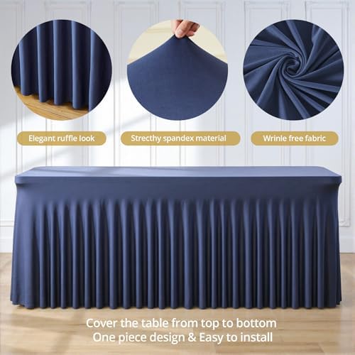 6 Pack 6ft Navy Blue Spandex Table Cloths for Rectangle Tables Wrinkle Free Rectangle Tablecloths, Stretch Fitted Table Cover with Skirt for Birthday Party Wedding Banquet Baby Shower Buffet Event - Image 6