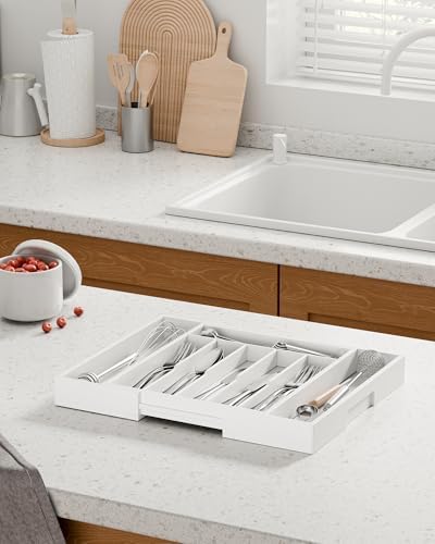 Kitsure Silverware Organizer, Bamboo Kitchen Drawer Tray, White, Large - Image 3