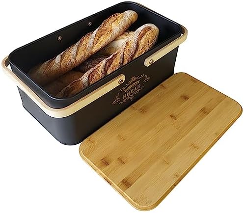 Large Bread Box Metal Bread Bin with Bamboo Lid and Handle Portable Outdoor Bread Food Storage Container Modern Bread Box for kitchen Counter Organizer Kitchen Decor (Black 1) - Image 6