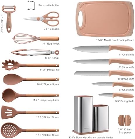 RAXCO Utensil Sets,18-Piece Silicone Cooking Utensils and Knife Set,Mousse | Dishwasher-Safe Kitchen Utensils,Large Capacity Countertop Organizer for Knives,Utensils,Cutting Board - Image 7