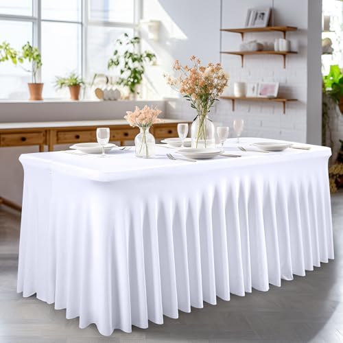 PARTISKY 6 Pack White Spandex Table Cloths for Rectangle Tables 6ft, White Table Skirt for Party, Table Cover with Skirt for Wedding Folding Table Banquet Baby Shower & Birthday Parties - Image 6
