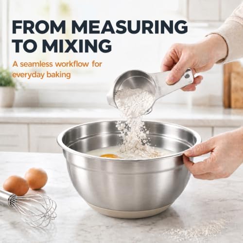 7QT 30PCS Mixing Bowls with Lids Set, 7QT to 1QT Stainless Steel Nesting Bowls with Graters, Non-Slip Silicone Bottom, Large Khaki Bowls & 21 Measuring Cups and Spoons Set Kitchen Appliances - Image 7