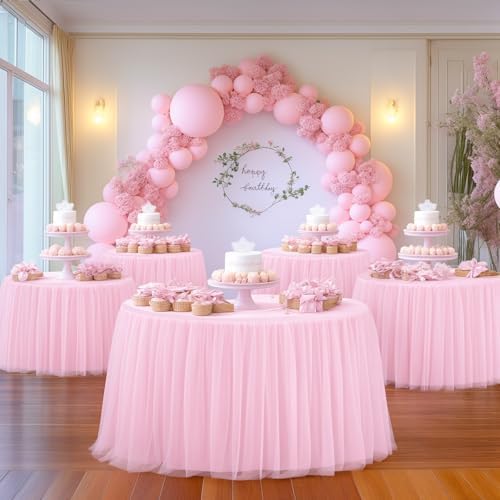 HB HBB MAGIC Light Pink Round Tablecloth 48 inch Stretchy Elastic Fitted Round Table Cloth Cover, Pink Table Cloths for Parties Tulle Table Cloth with Skirt Wedding Bridal Shower Tables Decoration - Image 7