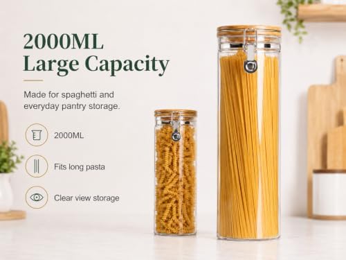 KKC 3-Pack 68oz Glass Spaghetti Containers with Airtight Bamboo Clamp Lids - 2000ml Tall Pasta Storage Jars & Long Noodle Holders Keep Fresh Canister Set for Kitchen Pantry Organization - Image 6
