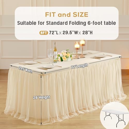 6 Pack 6ft Champagne Tulle Tablecloths for Rectangle Tables, 72 x 30 Inch Rectangular Table Cloth, Wrinkle Free Table Cover with Tutu Skirt for Wedding Birthday Party Banquet Buffet Decorations - Image 6