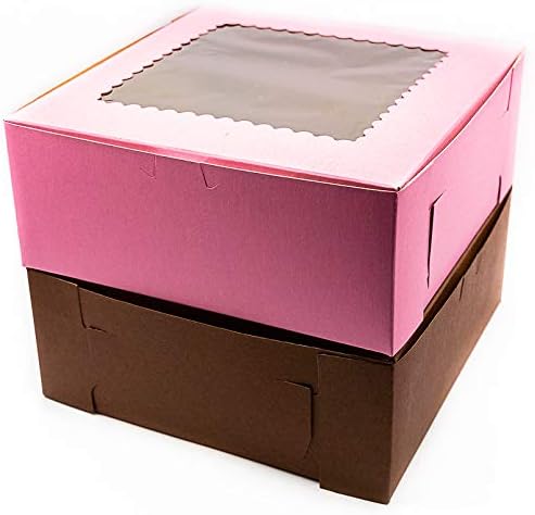 Made in USA 10" X 10" X 4" Recycled Pink Kraft Cake Box with Scalloped Window & 10" Round Cake Boards (Pack of 10 – Front Loading) - Image 6