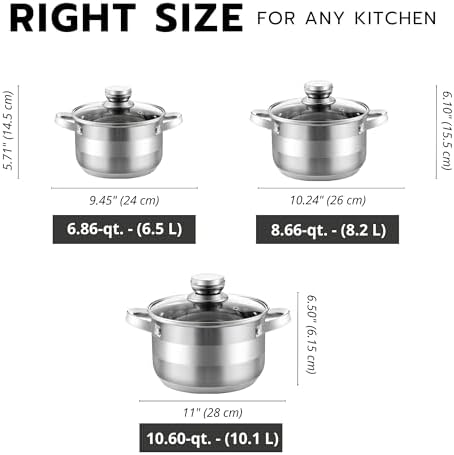 Stainless Steel Cooking Pot with Glass Lid Set of 3, Stock Pots with Measuring Scale, Cookware Pots, Stockpot Set, Casseroles, Induction Pot, 6.86 Qt, 8.66 Qt, 10.6 Qt - Image 7