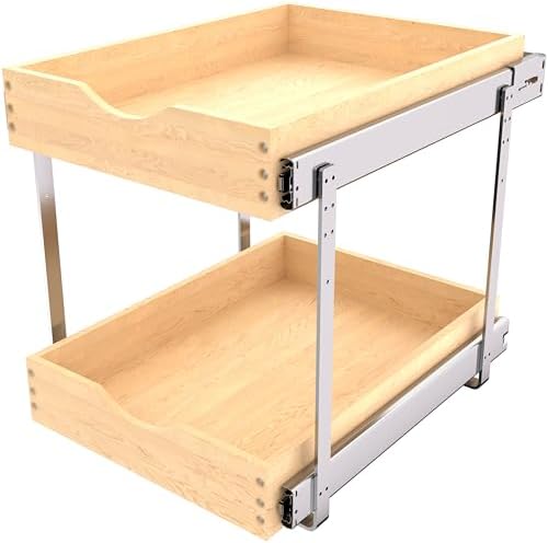 JOWBOOW 2 Tier Pull Out Cabinet Organizer 11"W x 22"D, Solid Wood by JOWBOOW