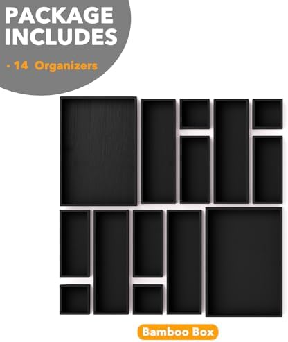 SpaceAid 14-Piece Bamboo Drawer Organizer Storage Boxes Set, Wood Tray Junk Drawer Organizers Multi-Use Divider Bins for Kitchen, Bathroom, Office Desk and Makeup Organization (14 Pack, Black) - Image 6