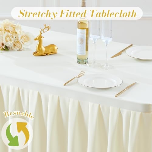 6 Pack Ivory Rectangle Tablecloth 8 FT Stretch Spandex Fitted Table Cloth for 8 Foot Rectangle Tables Banquet Tablecloths Wrinkle Free Table Cover Skirt Ruffle Tablecloth for Party Wedding Birthday - Image 7