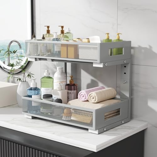 2-Pack Under Sink Organizers And Storage,Large Capacity 2-Tier Pull-Out Cabinet Organizer With Upgraded Tube Rails,Adjustable Height Sliding Drawers,Sturdy Mesh Shelves For Kitchen&Bathroom-Grey - Image 7