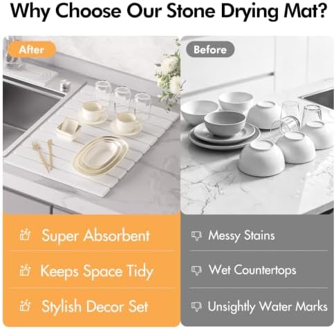 4 Pcs Stone Dish Drying Mat Set, 24''x16'' Large Super Absorbent Diatomaceous Earth Stone Drying Mat Faucet Mat with 2 Coasters, Collapsible Quick Dry Mat for Kitchen Counter Dishes - Image 6