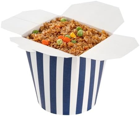 Restaurantware Bio Tek 4 x 3.5 x 4.5 Inch Food Containers, 200 Noodle Takeaway Boxes - Disposable, Striped, Blue And White Paper 32 Ounce Take Out Boxes, Round, For Hot Or Cold Foods - Image 6