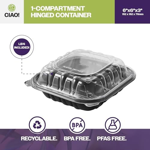 CIAO! 6"x6"x3" Polypropylene Black bottom with Clear Lid Hinged Container 1 Compartment Take Out Container, Microwavable, Recyclable and Reusable, (Case of 300) - Image 7