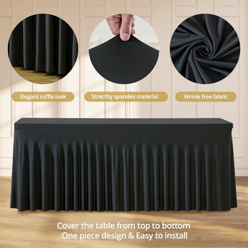 6 Pack 8ft Black Spandex Tablecloths for Rectangle Tables Wrinkle Free Black Rectangle Table Cloths, Stretch Fitted Table Cover with Skirt for Wedding Birthday Party Banquet Baby Shower Buffet Event - Image 6