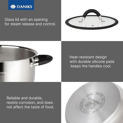Daniks Orlando 11-Piece Stainless Steel Cookware Set with Glass Lids, Includes Saucepan and Frying Pan, Tri-Ply Bases for Even Heating, Induction Compatible, Dishwasher Safe, Heatproof Handles - Image 6