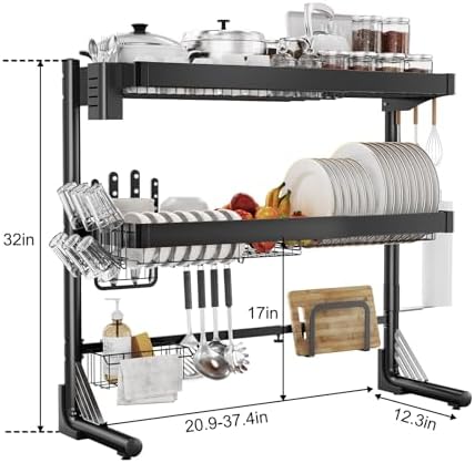 Over Sink Dish Drying Rack, 3-Tier Full Stainless Steel Drainer Dish Rack Adjustable 20.9''-37.4'', Expandable Multifunctional Kitchen Organizer - Image 6