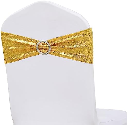 Double-Sided Sequins Gold Chair Sashes for Wedding Decor, Golden Sequin Chair Sashes Bands with Silver Buckles, Chair Bows for Party Ceremony Event Christmas Decorations - 100 Pack - Image 6
