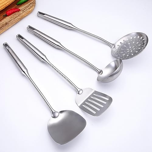 Cooking Utensils Set Stainless Steel Kitchen Metal Serving Utensils Set of 6 Pcs-Wok Spatula Ladle Set, Slotted Skimmer, Pasta Server, Serving Spoon, Slotted Spatula Tunner,Dishwasher Safe - Image 7