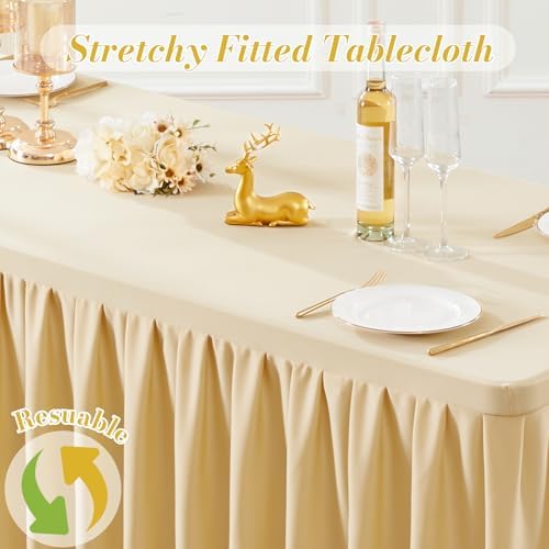 4 Pack Beige Rectangle Tablecloth 8 FT Stretch Spandex Fitted Table Cloth for 8 Foot Rectangle Tables Banquet Tablecloths Wrinkle Free Table Cover Skirt Ruffle Tablecloth for Party Wedding Birthday - Image 7