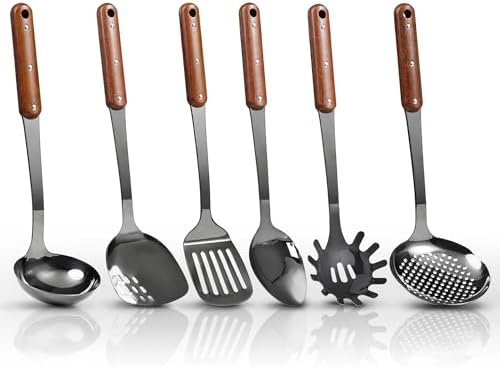 Stainless Steel Mirror Polished Kitchen Utensils Set - 6pcs Cooking Utensils Set with Wooden Handle, Heat Resistant Kitchen Tool Set for Cooking with Turners,Spatula,Ladle,Skimmer,Solid Spoon,Pasta - Image 6