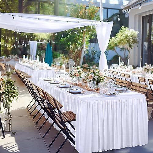 PARTISKY 2 Pack White Tablecloths for Rectangle Tables 8ft, Wrinkle Resistant White Table Cover Fitted Stretch Table Cloth with Pleated Ruffle Skirts for Party Banquet Dining Birthday Wedding - Image 6