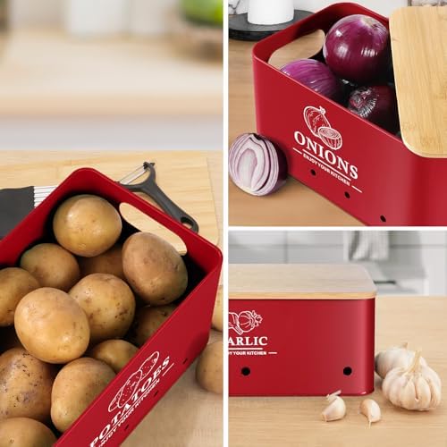 Kitchen Vegetable Storage Set of 3, Metal Onion Garlic Potato Storage Set, Kitchen Canisters Vegetable Keeper Containers with Aerating Holes and Bamboo Lid,Red - Image 6
