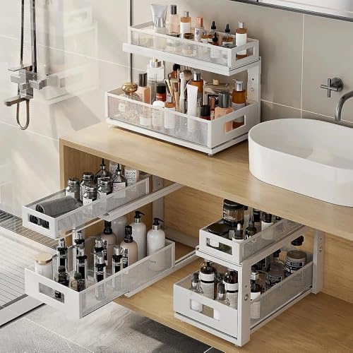 2 Pack 18.5IN-Depth Under Sink Organizer With Next-Gen Ball-Bearing Slides,2-Tier Pull Out Cabinet Storage,Height Adjustable Drawer Shelf for Bathroom,Kitchen,Laundry,Cabinet,Pantry-White - Image 7