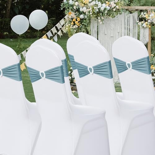 Pack of 60 Spandex Chair Sashes Bows Stretch Chair Cover Band with Buckle Slider Universal Elastic Chair Ties for Wedding Banquet Party Event Decoration (Dusty Blue) - Image 7