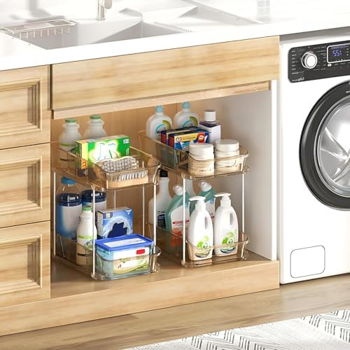 Delamu 2-Tier Under Sink Organizers and Storage, Multi-Purpose Stackable Bathroom Cabinet organizers, Pull Out Kitchen Pantry Organization and Storage with Dividers(3 Pack, Amber) - Image 7