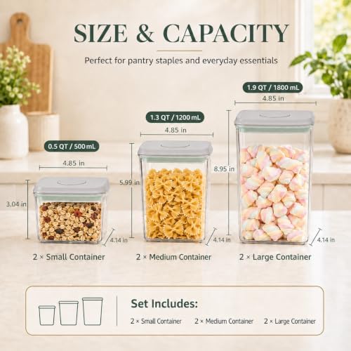 6-Piece Airtight Food Storage Containers, Clear Stackable Pop Lid | Two each of 0.5, 1.3 and 1.9 Qt; clear, stackable BPA-free food-grade pantry canisters with airtight one-touch pop lids set. - Image 6