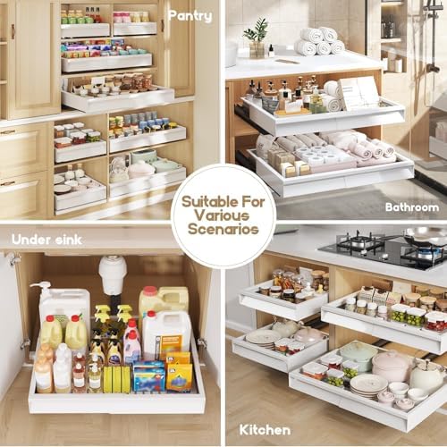 Seinloes Pull Out Cabinet Organizer, 4-Side Expandable to Fit Most Cabinets, 3 Rail Slide Out Drawers with Raising Pad for Framed & Frameless Cabinets, 13"-21" W x 13"-17" D, White, 2 Pack - Image 7