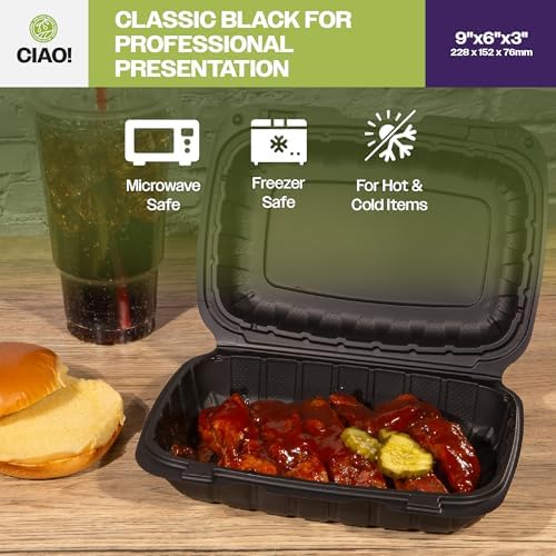 CIAO! 9"x6"x3" MFPP Black Hinged Container With Lid 1 Compartment (Case of 200) - Image 6