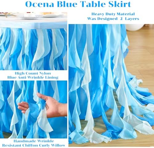 Partisky Ocean Blue Tulle Tutu Ruffle Curly Willow Table Skirt for Rectangle Table 17ft,Under The Sea Baby Shark Themed Table Cloth for Boys Girls Birthday Party or Baby Shower - Image 6