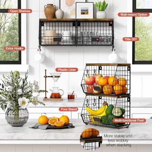Goozii Hanging Wall Fruit Basket for Kitchen Counter 2 Pack, Stackable Wire Baskets for Organizing with Wood Lid, Potato and Onion Storage Bin with Banana Hook for Vegetable Produce, Black + Rustic - Image 6