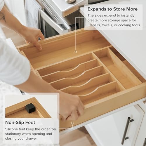 KitchenEdge Silverware & Utensil Drawer Organizer, 10.5-19 in, Bamboo | Cutlery, flatware, food-safe contract grade, kitchen drawer fit - Image 6