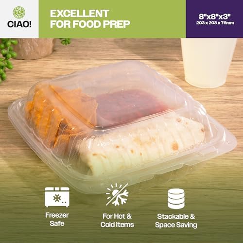 CIAO! 8"x8"x3" 3 Compartment PP Plastic Clear Hinged Container for Take Out (Case of 200) - Image 6