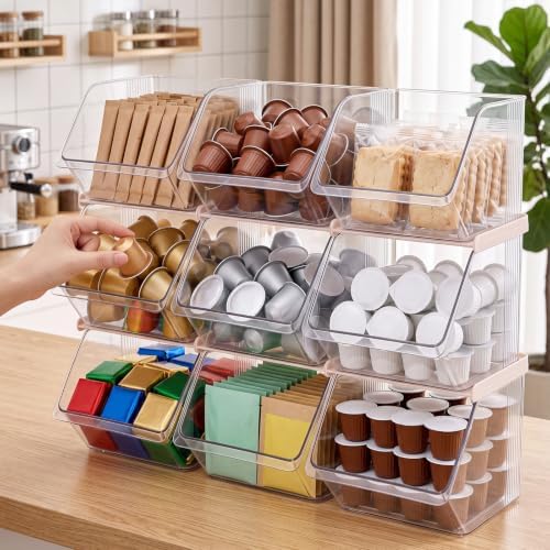 9 Pcs Clear Plastic Storage Bins Stackable Pantry Storage Organizer Kitchen Cabinet Organizers Ideal Containers for Tea Sugar Bag Coffee Pod Office Fridge Caddy - Image 7