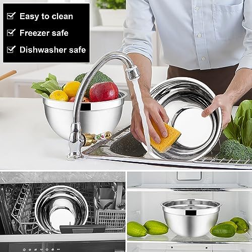 E-far Mixing Bowls with Lids Set of 3 with Stainless Steel Colander Set of 3, Nesting Bowls for Baking and Prepping, Micro-Perforated Colander Strainer for Kitchen/Draining Pasta/Rinsing Vegetables - Image 7