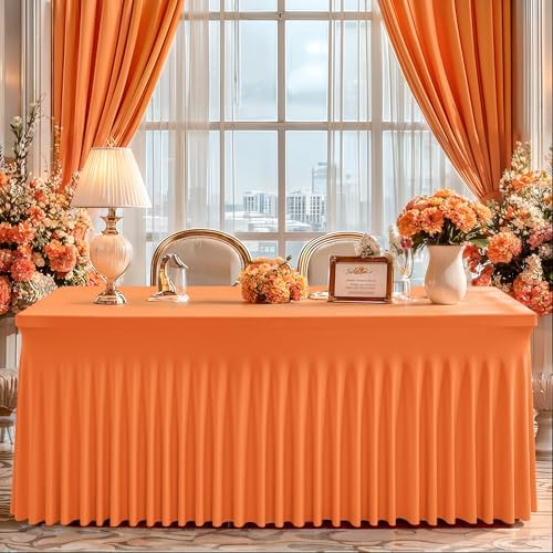 Wish Care 2 Pack Orange Spandex Table Clothes for 4 Foot Rectangle Tables, 4FT Wrinkle Free Fitted Tablecloths Ruffles Design Table Cover for Party, Banquet, Wedding and Events - Image 7