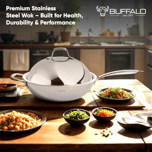 BUFFALO Honeycomb 3ply Stainless Steel Wok Pan 11 inch/28cm with Lid Flat Bottom - Coating-Free Non-stick Stir Fry Pan - Advanced, Scratch-Resistant Design with Stay-Cool Long Handle - Image 7