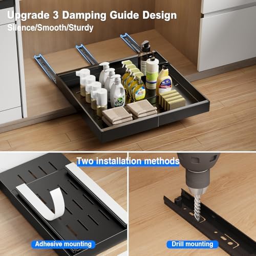MUSTORN Expandable Pull Out Cabinet Organizer, 21"Deep Slide Out Drawer for Cabinets Adhesive Pull Out Drawers Heavy Duty Pull Out Shelves for Kitchen, Cupboard, Pantry, Bathroom(Black,1-Pack) - Image 6