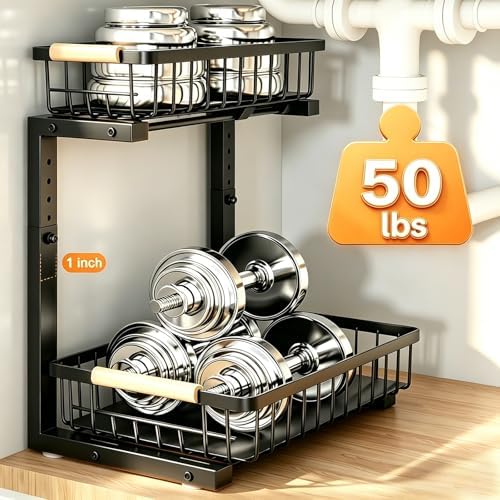 REALINN Under Sink Organizer, Adjustable 2 Tier Pull Out Kitchen Bathroom - Image 6