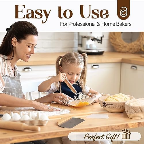 ABIOTO Sourdough Bread Baking Kit - 14-Piece Set with 9" Round & 10" Oval Rattan Banneton Proofing Baskets, Liners, Bread Lame, Danish Whisk & Scrapers for Home Bakers (Pack of 2) - Image 6