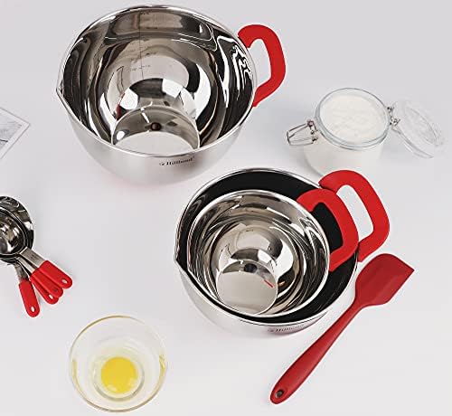 Hillbond Stainless Steel Mixing Bowls with Lids Set, Set of 3, Red | mixing bowl with Pour Spout, Silicone Handle, Non-Slip Bottoms, Dishwasher Safe, Metal Mixing Bowls for baking - Image 6