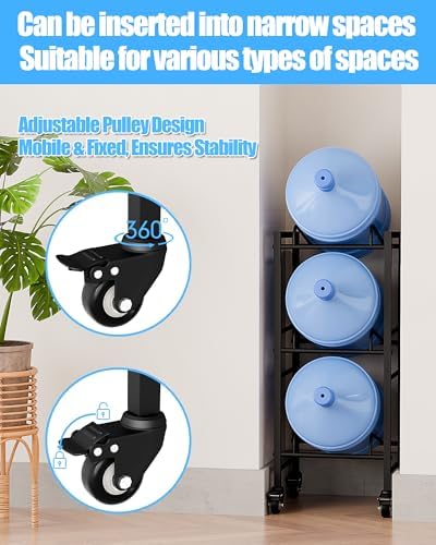 5 Gallon Water Jug Holder, Movable 3 Tier Heavy Duty Water Rack with 4 Wheels, Rack for Water Jug Storage, Space Saving Water Stand for Three 5 Gallon Water Jugs, Black - Image 6